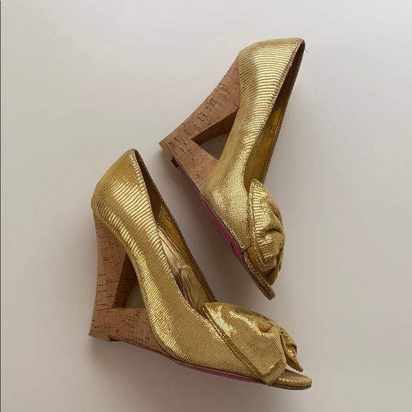 Betsey Johnson Florence Gold Wedges Cork Suede 9 - Picture 3 of 8